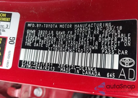 2019 Toyota Corolla Le from USA, damaged, VIN 2T1BURHE3KC140103